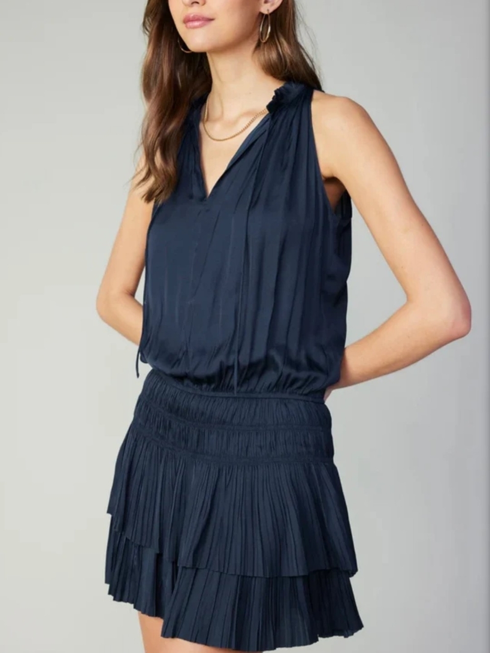 Pookie & Sebastian Black/Navy Pleated Sleeveless Dress